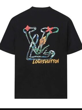 Louis Vuitton Black Crewneck T-Shirt with Multicolor LV Chest Motif